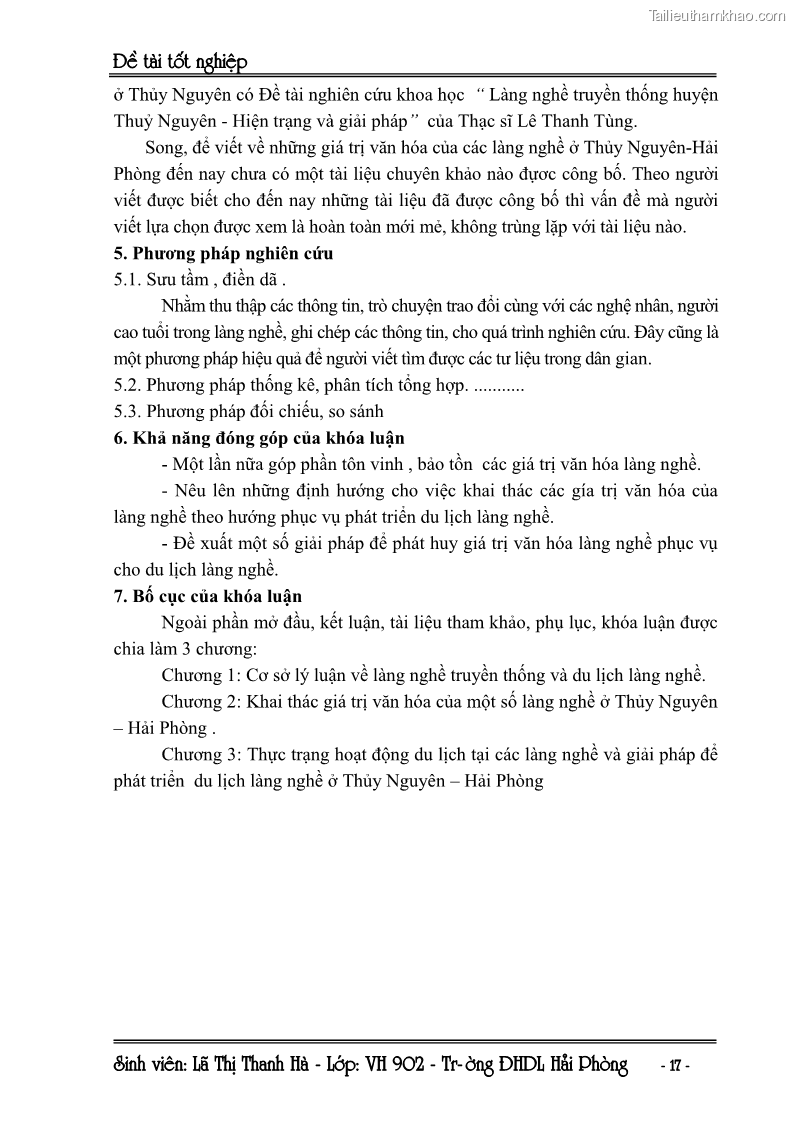Khóa luận tốt nghiệp Văn hóa du lịch Khai thác giá trị văn hoá các làng nghề truyền thống ở Thuỷ Nguyên để phục vụ phát triển du lịch làng nghề ở Hải Phòng - 3 Trang 17