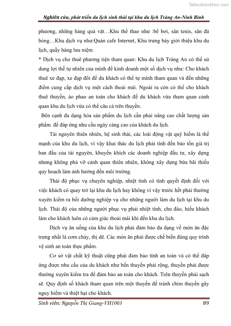 Khóa luận tốt nghiệp Văn hóa du lịch Nghiên cứu, phát triển du lịch sinh thái tại khu du lịch Tràng An - Ninh Bình - 12 Trang 89