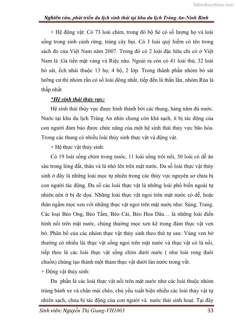 Khóa luận tốt nghiệp Văn hóa du lịch Nghiên cứu, phát triển du lịch sinh thái tại khu du lịch Tràng An - Ninh Bình - 5 Trang 33