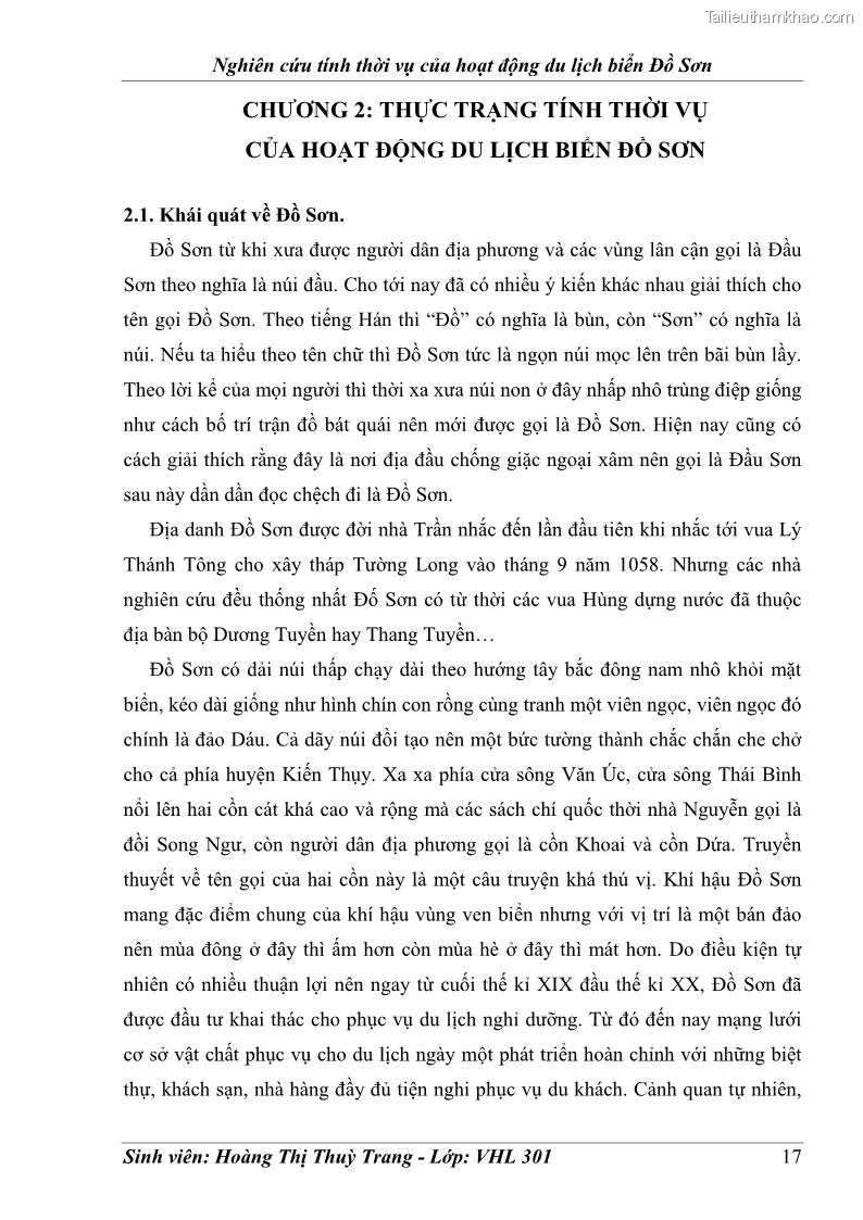 Khóa luận tốt nghiệp Văn hóa du lịch Nghiên cứu tính thời vụ của hoạt động du lịch biển Đồ Sơn - 3 Trang 17