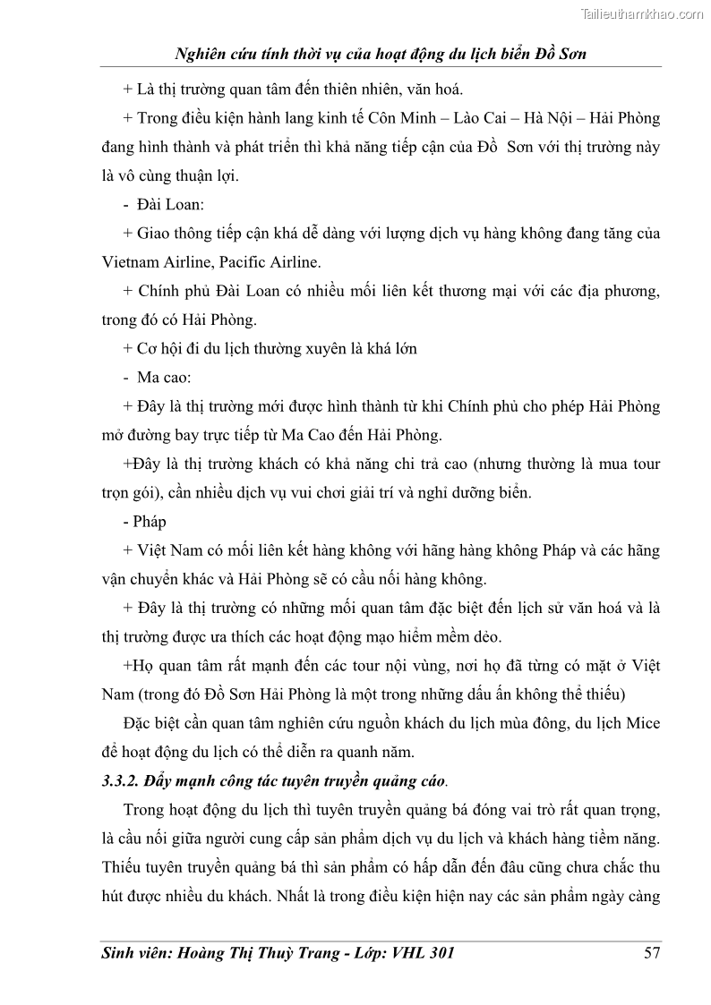 Khóa luận tốt nghiệp Văn hóa du lịch Nghiên cứu tính thời vụ của hoạt động du lịch biển Đồ Sơn - 8 Trang 57