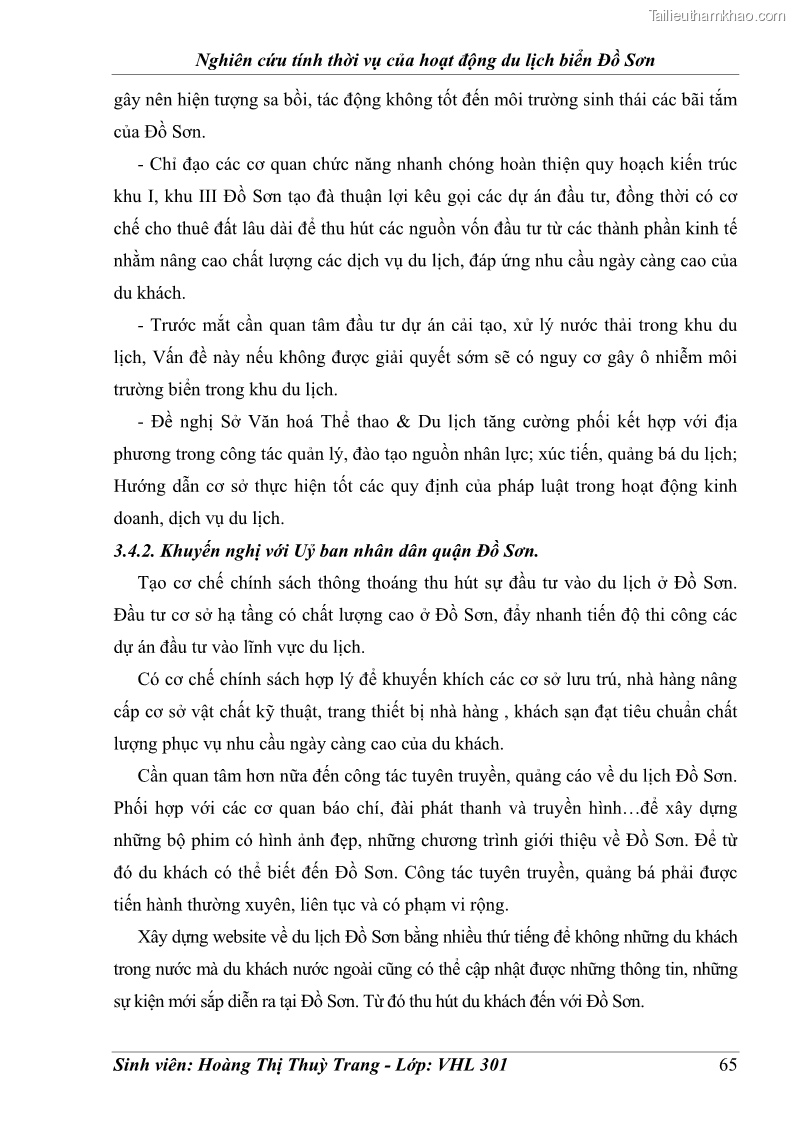 Khóa luận tốt nghiệp Văn hóa du lịch Nghiên cứu tính thời vụ của hoạt động du lịch biển Đồ Sơn - 9 Trang 65