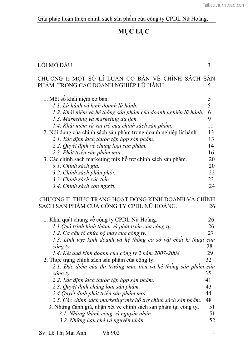 Khóa luận tốt nghiệp Văn hóa du lịch Giải pháp hoàn thiện chính sách sản phẩm của công ty CPDL Nữ Hoàng - 1 Trang 1
