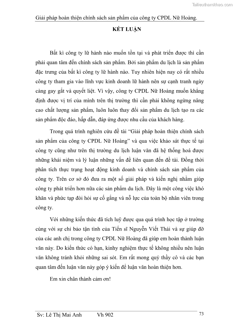 Khóa luận tốt nghiệp Văn hóa du lịch Giải pháp hoàn thiện chính sách sản phẩm của công ty CPDL Nữ Hoàng - 10 Trang 73
