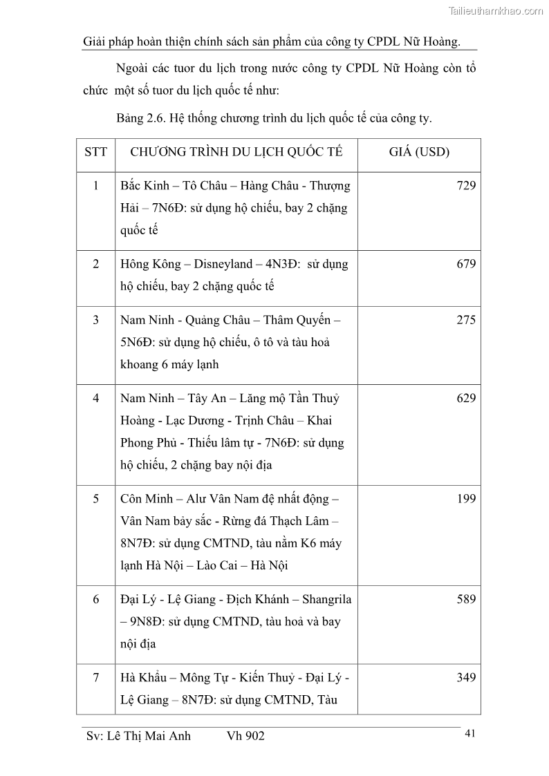Khóa luận tốt nghiệp Văn hóa du lịch Giải pháp hoàn thiện chính sách sản phẩm của công ty CPDL Nữ Hoàng - 6 Trang 41
