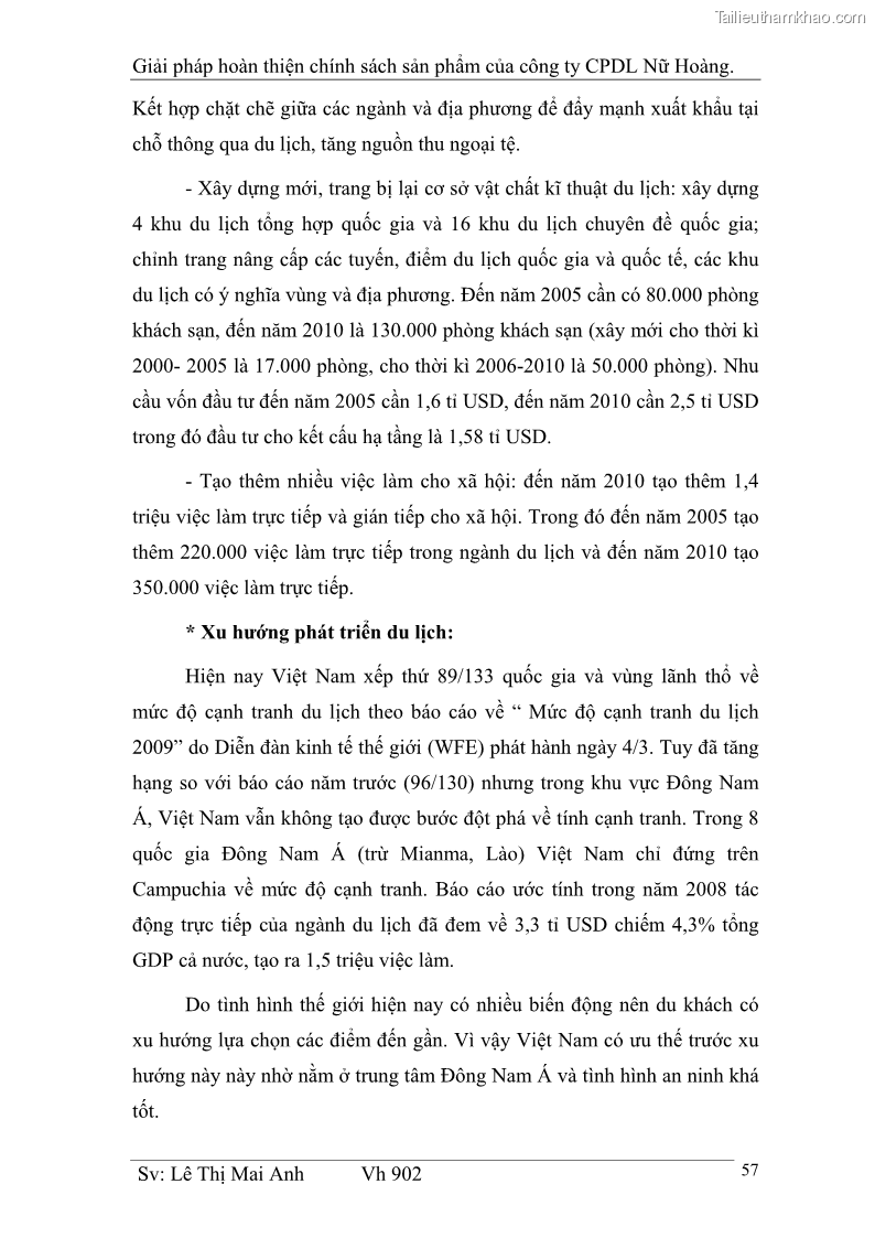 Khóa luận tốt nghiệp Văn hóa du lịch Giải pháp hoàn thiện chính sách sản phẩm của công ty CPDL Nữ Hoàng - 8 Trang 57