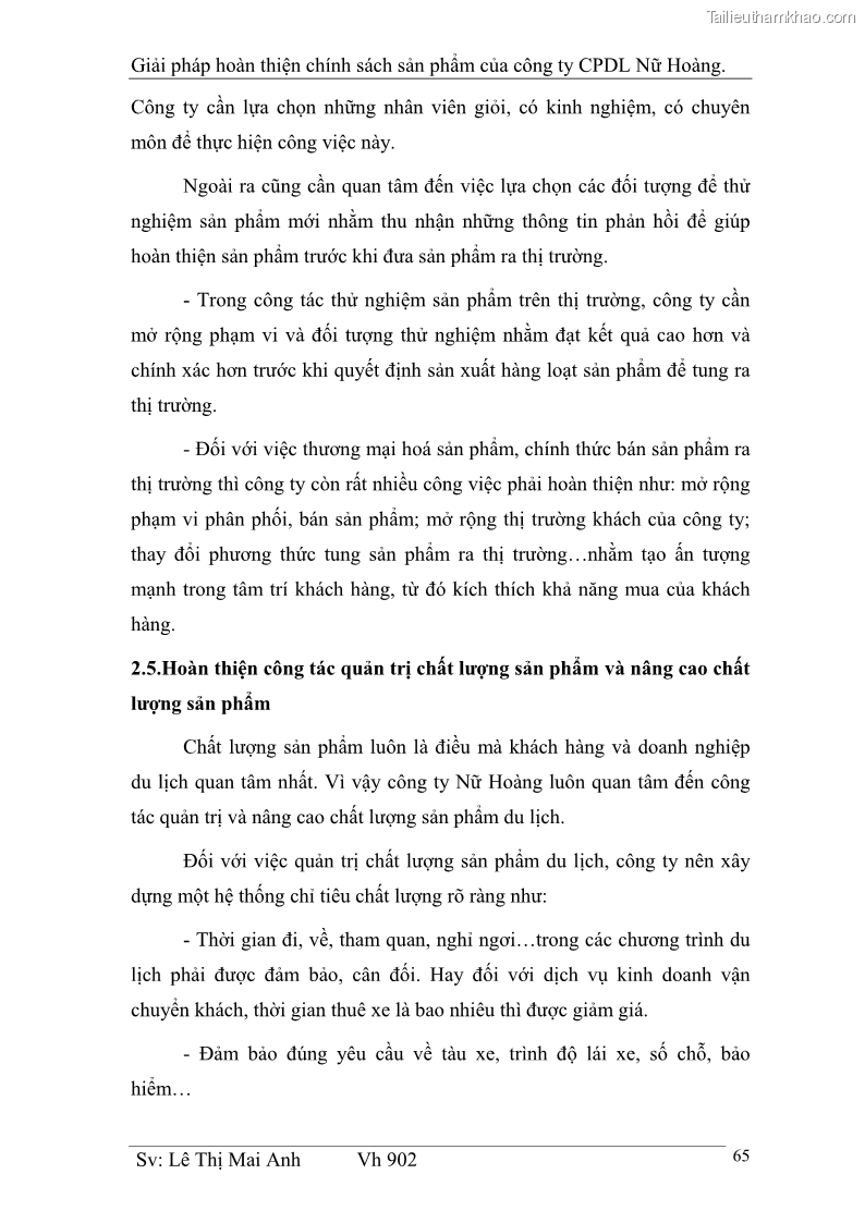Khóa luận tốt nghiệp Văn hóa du lịch Giải pháp hoàn thiện chính sách sản phẩm của công ty CPDL Nữ Hoàng - 9 Trang 65