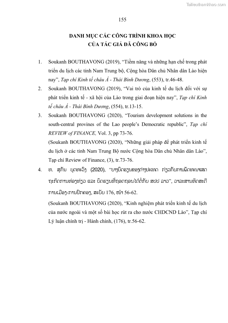 Luận án Tiến sĩ Kinh tế chính trị Kinh tế du lịch ở các tỉnh Nam Trung Bộ nước Cộng hòa dân chủ nhân dân Lào - 21 Trang 161