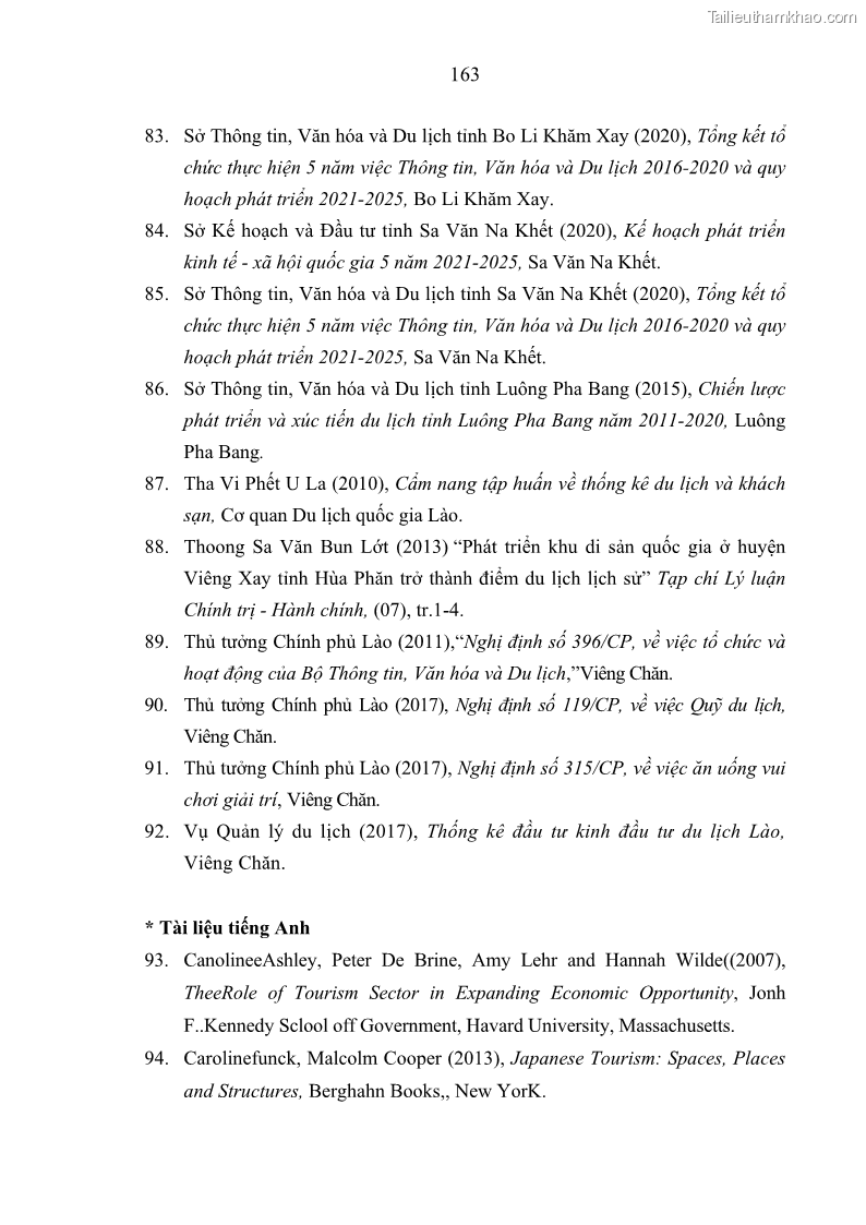 Luận án Tiến sĩ Kinh tế chính trị Kinh tế du lịch ở các tỉnh Nam Trung Bộ nước Cộng hòa dân chủ nhân dân Lào - 22 Trang 169