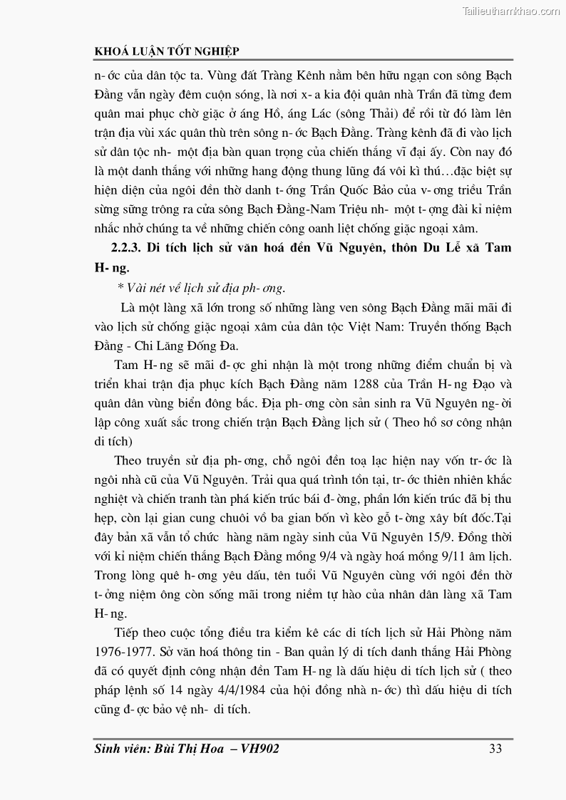 Khóa luận tốt nghiệp Văn hóa du lịch Khai thác giá trị lịch sử, văn hoá các di tích thờ tướng quân nhà Trần ở huyện Thuỷ Nguyên – Hải Phòng phục vụ cho du lịch - 5 Trang 33