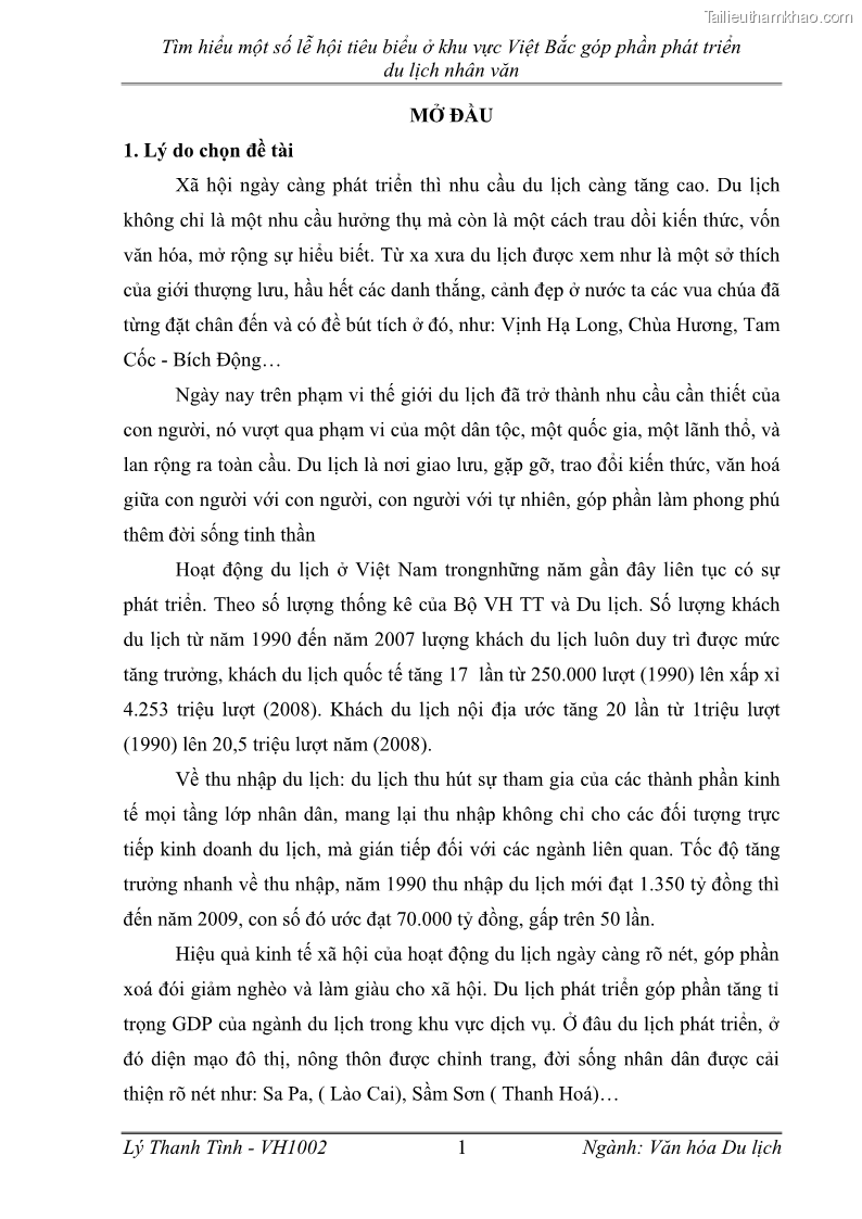 Khóa luận tốt nghiệp Văn hóa du lịch Tìm hiểu một số lễ hội tiêu biểu ở khu vực Việt Bắc góp phần phát triển du lịch nhân văn - 1 Trang 1