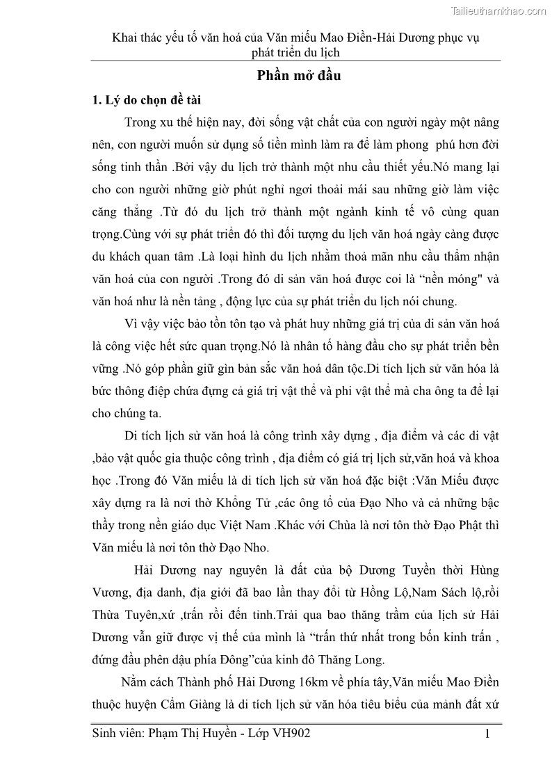 Khóa luận tốt nghiệp Văn hóa du lịch Khai thác yếu tố văn hoá của Văn miếu Mao Điền - Hải Dương phục vụ phát triển du lịch - 1 Trang 1