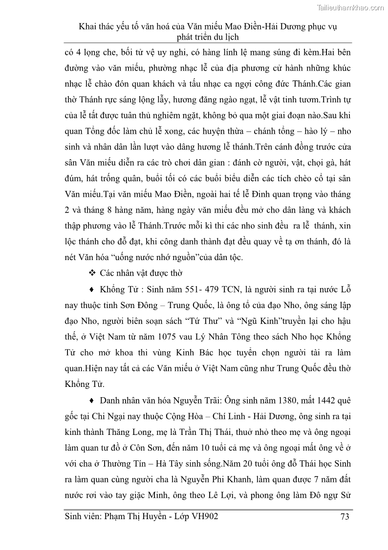 Khóa luận tốt nghiệp Văn hóa du lịch Khai thác yếu tố văn hoá của Văn miếu Mao Điền - Hải Dương phục vụ phát triển du lịch - 10 Trang 73