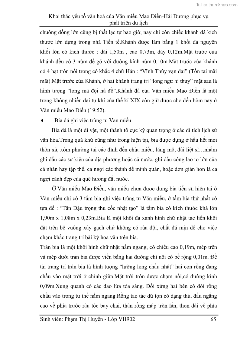 Khóa luận tốt nghiệp Văn hóa du lịch Khai thác yếu tố văn hoá của Văn miếu Mao Điền - Hải Dương phục vụ phát triển du lịch - 9 Trang 65