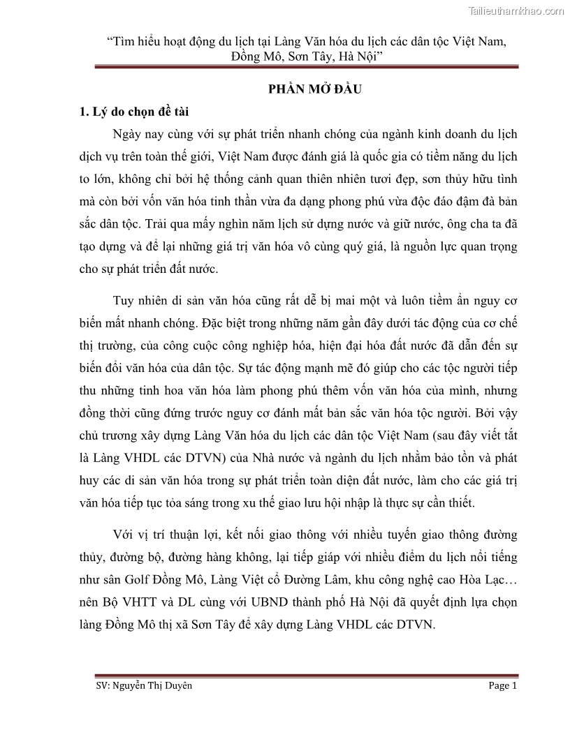 Khóa luận tốt nghiệp Văn hóa du lịch Tìm hiểu hoạt động du lịch tại Làng Văn hóa du lịch các dân tộc Việt Nam, Đồng Mô, Sơn Tây, Hà Nội - 1 Trang 1