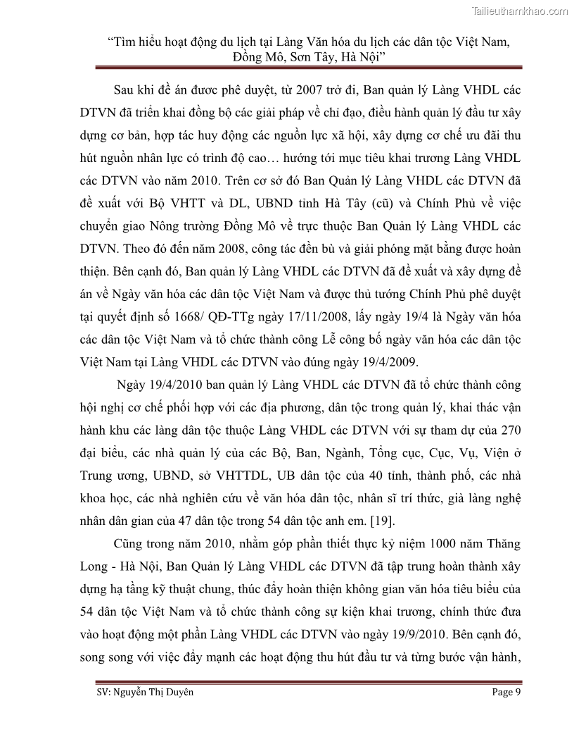 Khóa luận tốt nghiệp Văn hóa du lịch Tìm hiểu hoạt động du lịch tại Làng Văn hóa du lịch các dân tộc Việt Nam, Đồng Mô, Sơn Tây, Hà Nội - 2 Trang 9