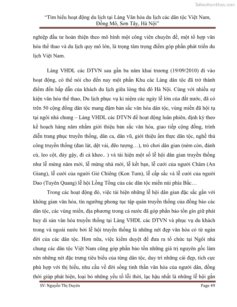 Khóa luận tốt nghiệp Văn hóa du lịch Tìm hiểu hoạt động du lịch tại Làng Văn hóa du lịch các dân tộc Việt Nam, Đồng Mô, Sơn Tây, Hà Nội - 7 Trang 49