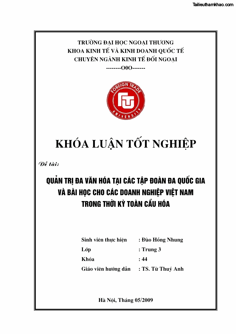 Khóa luận tốt nghiệp Quản trị đa văn hóa tại các tập đoàn đa quốc gia và bài học cho các doanh nghiệp Việt Nam trong thời kỳ toàn cầu hóa - 1 Trang 1
