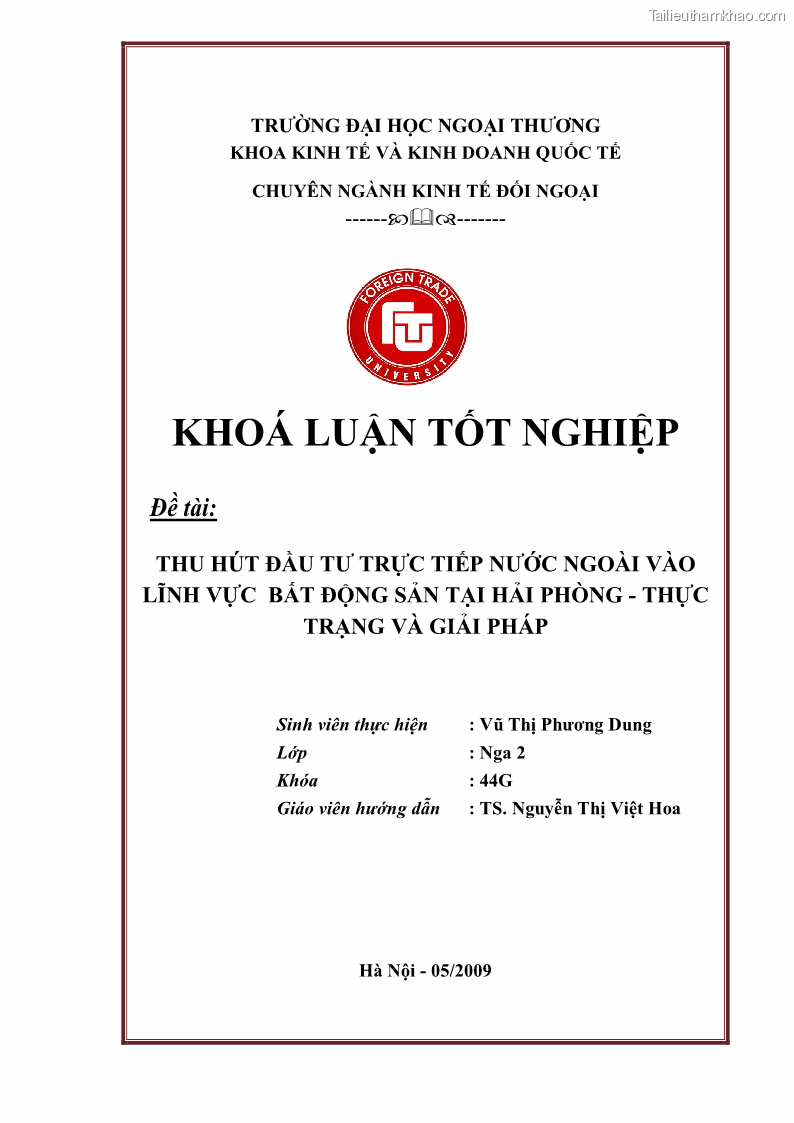 Khóa luận tốt nghiệp Thu hút đầu tư trực tiếp nước ngoài vào lĩnh vực bất động sản tại Hải Phòng - Thực trạng và giải pháp - 1 Trang 1