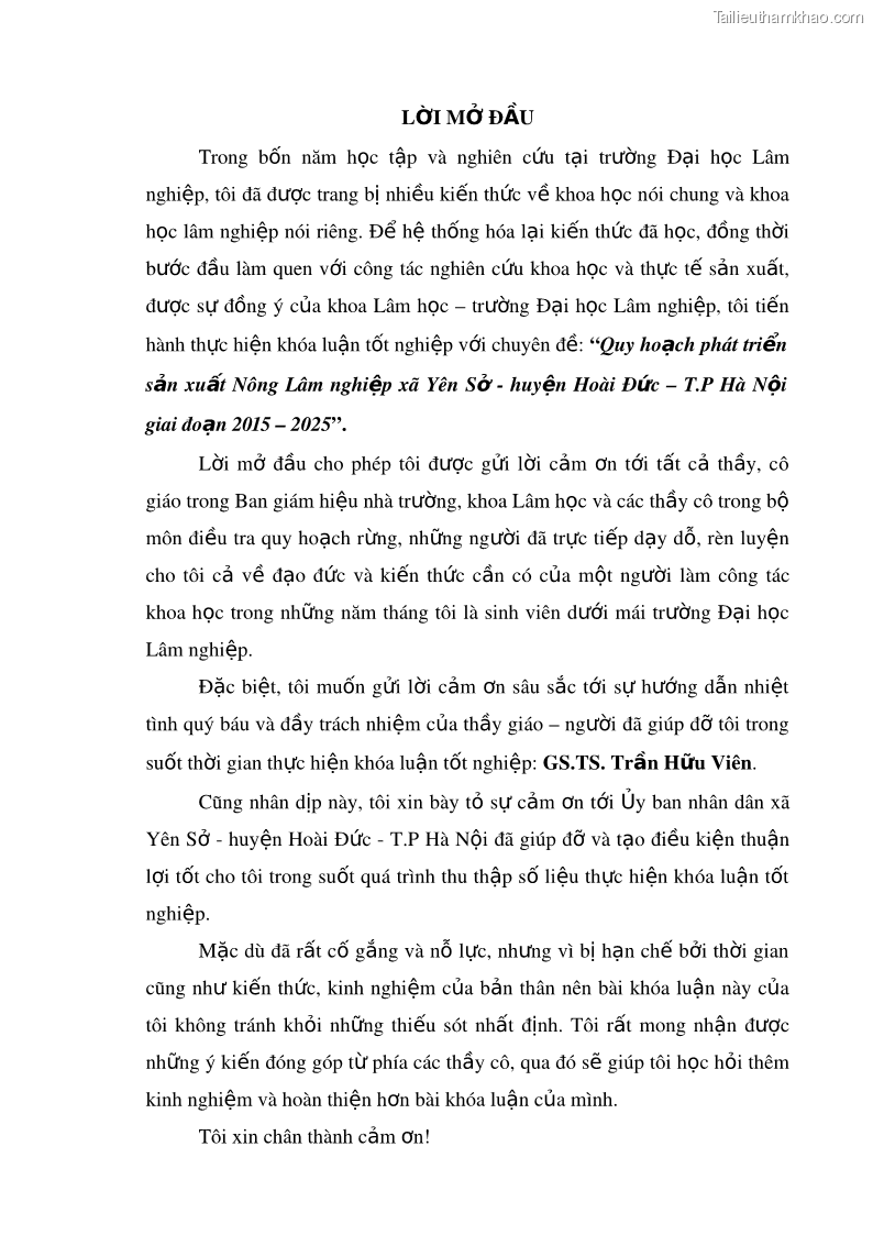 Khóa luận tốt nghiệp Quy hoạch phát triển sản xuất nông lâm nghiệp xã Yên Sở, huyện Hoài Đức, thành phố Hà Nội giai đoạn 2015 - 2025 Nguyễn Thị Giang - 1 Trang 1