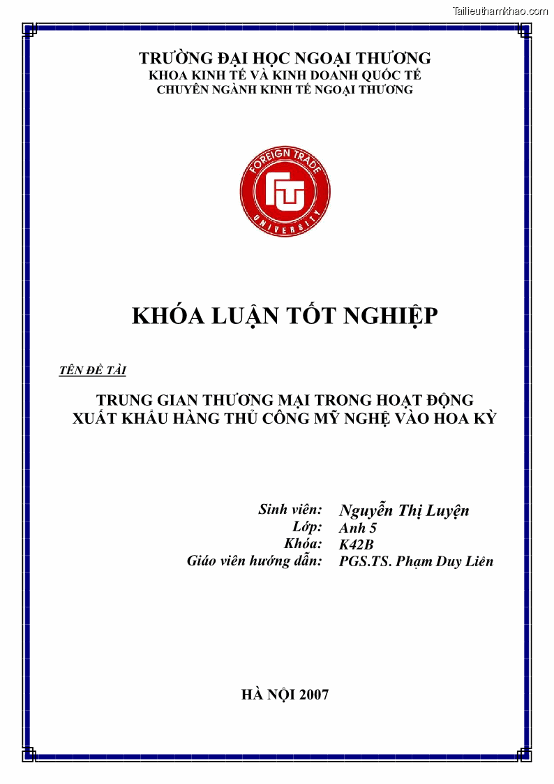 Khóa luận tốt nghiệp Trung gian thương mại trong hoạt động xuất khẩu hàng thủ công mỹ nghệ vào Hoa Kỳ - 1 Trang 1