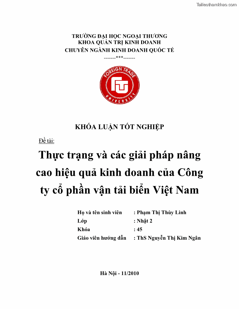 Khóa luận tốt nghiệp Thực trạng và các giải pháp nâng cao hiệu quả kinh doanh của công ty cổ phần vận tải biển Việt Nam - 1 Trang 1