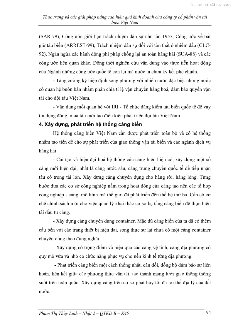 Khóa luận tốt nghiệp Thực trạng và các giải pháp nâng cao hiệu quả kinh doanh của công ty cổ phần vận tải biển Việt Nam - 13 Trang 97
