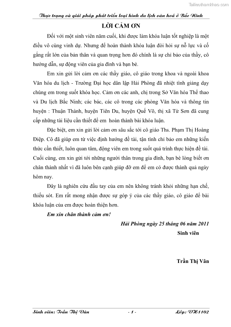 Khóa luận tốt nghiệp Văn hóa du lịch Thực trạng và giải pháp phát triển loại hình du lịch văn hóa ở Bắc Ninh - 1 Trang 1