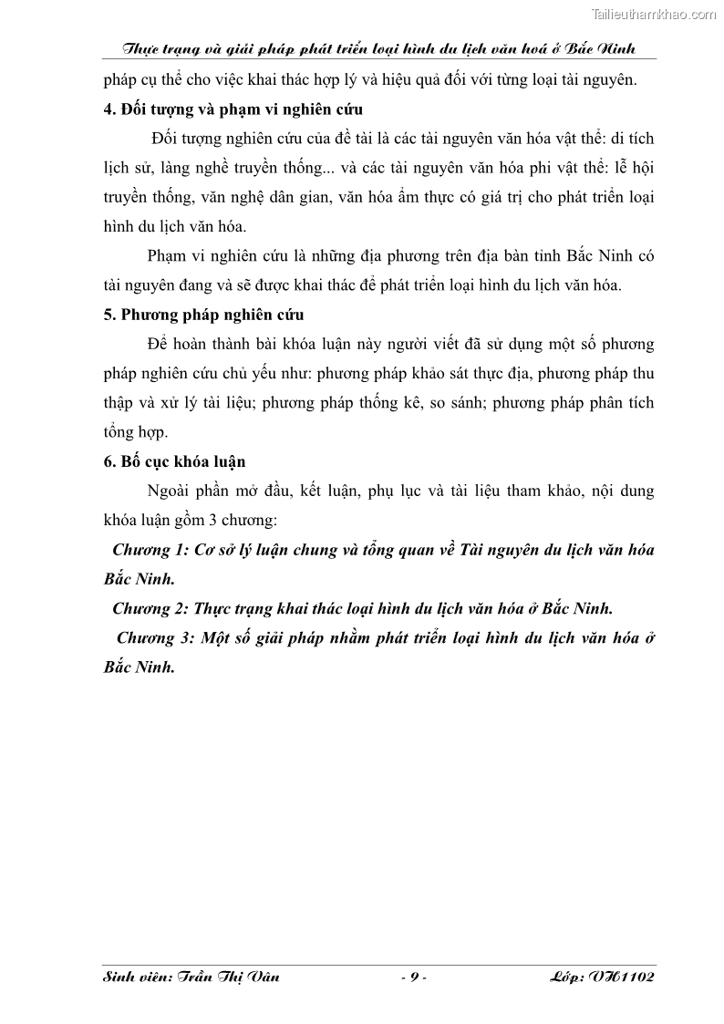 Khóa luận tốt nghiệp Văn hóa du lịch Thực trạng và giải pháp phát triển loại hình du lịch văn hóa ở Bắc Ninh - 2 Trang 9