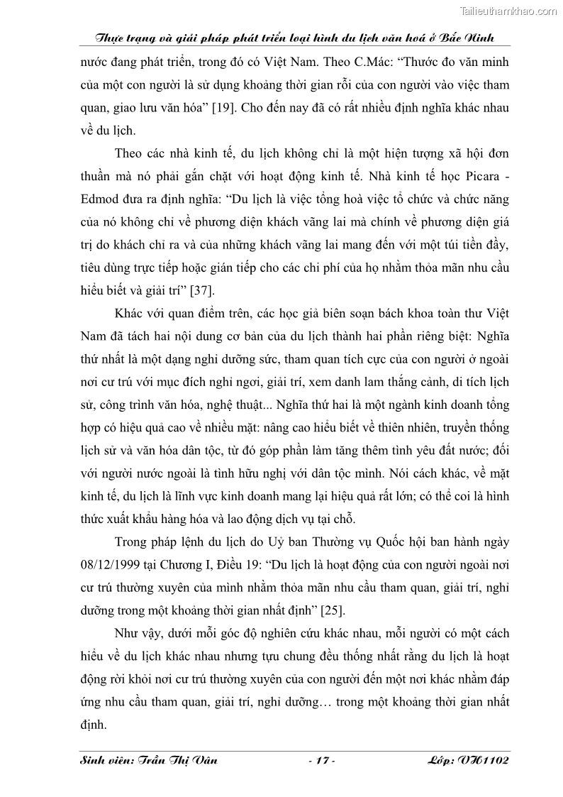 Khóa luận tốt nghiệp Văn hóa du lịch Thực trạng và giải pháp phát triển loại hình du lịch văn hóa ở Bắc Ninh - 3 Trang 17