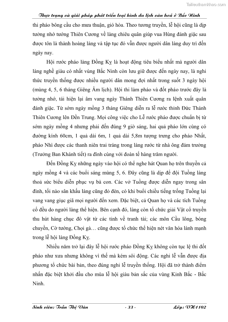 Khóa luận tốt nghiệp Văn hóa du lịch Thực trạng và giải pháp phát triển loại hình du lịch văn hóa ở Bắc Ninh - 5 Trang 33