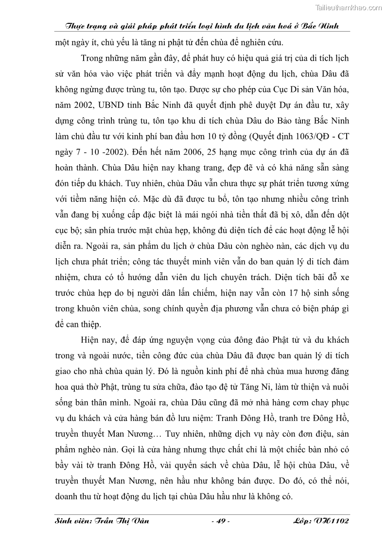 Khóa luận tốt nghiệp Văn hóa du lịch Thực trạng và giải pháp phát triển loại hình du lịch văn hóa ở Bắc Ninh - 7 Trang 49