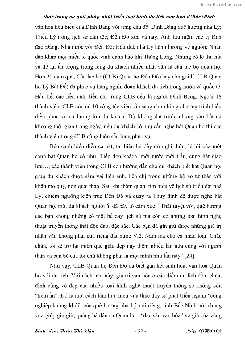 Khóa luận tốt nghiệp Văn hóa du lịch Thực trạng và giải pháp phát triển loại hình du lịch văn hóa ở Bắc Ninh - 8 Trang 57