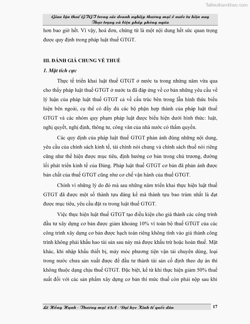 Luận văn Gian lận thuế GTGT trong các doanh nghiệp thương mại ở Việt Nam hiện nay và biện pháp phòng ngừa - 3 Trang 17