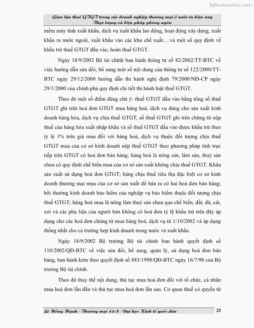 Luận văn Gian lận thuế GTGT trong các doanh nghiệp thương mại ở Việt Nam hiện nay và biện pháp phòng ngừa - 4 Trang 25