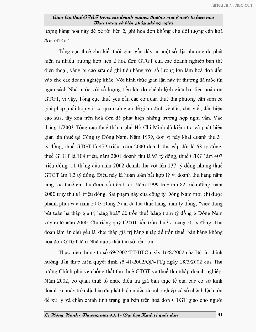 Luận văn Gian lận thuế GTGT trong các doanh nghiệp thương mại ở Việt Nam hiện nay và biện pháp phòng ngừa - 6 Trang 41
