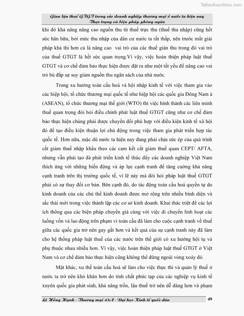 Luận văn Gian lận thuế GTGT trong các doanh nghiệp thương mại ở Việt Nam hiện nay và biện pháp phòng ngừa - 7 Trang 49