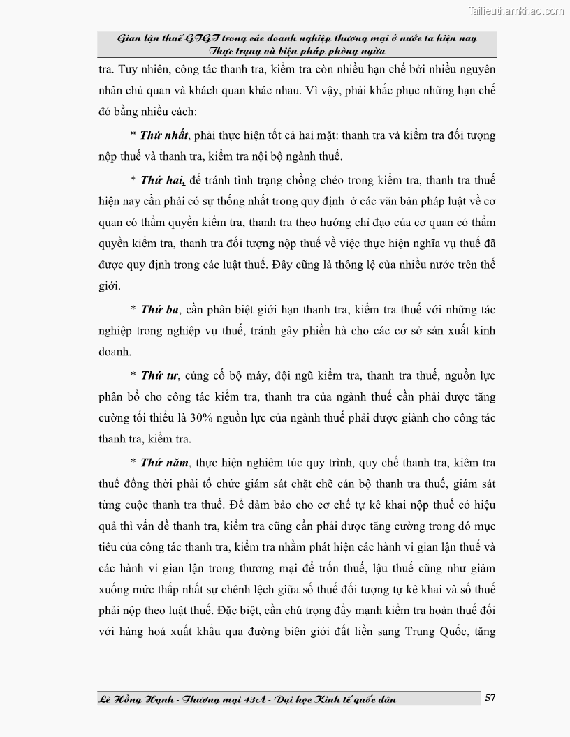 Luận văn Gian lận thuế GTGT trong các doanh nghiệp thương mại ở Việt Nam hiện nay và biện pháp phòng ngừa - 8 Trang 57
