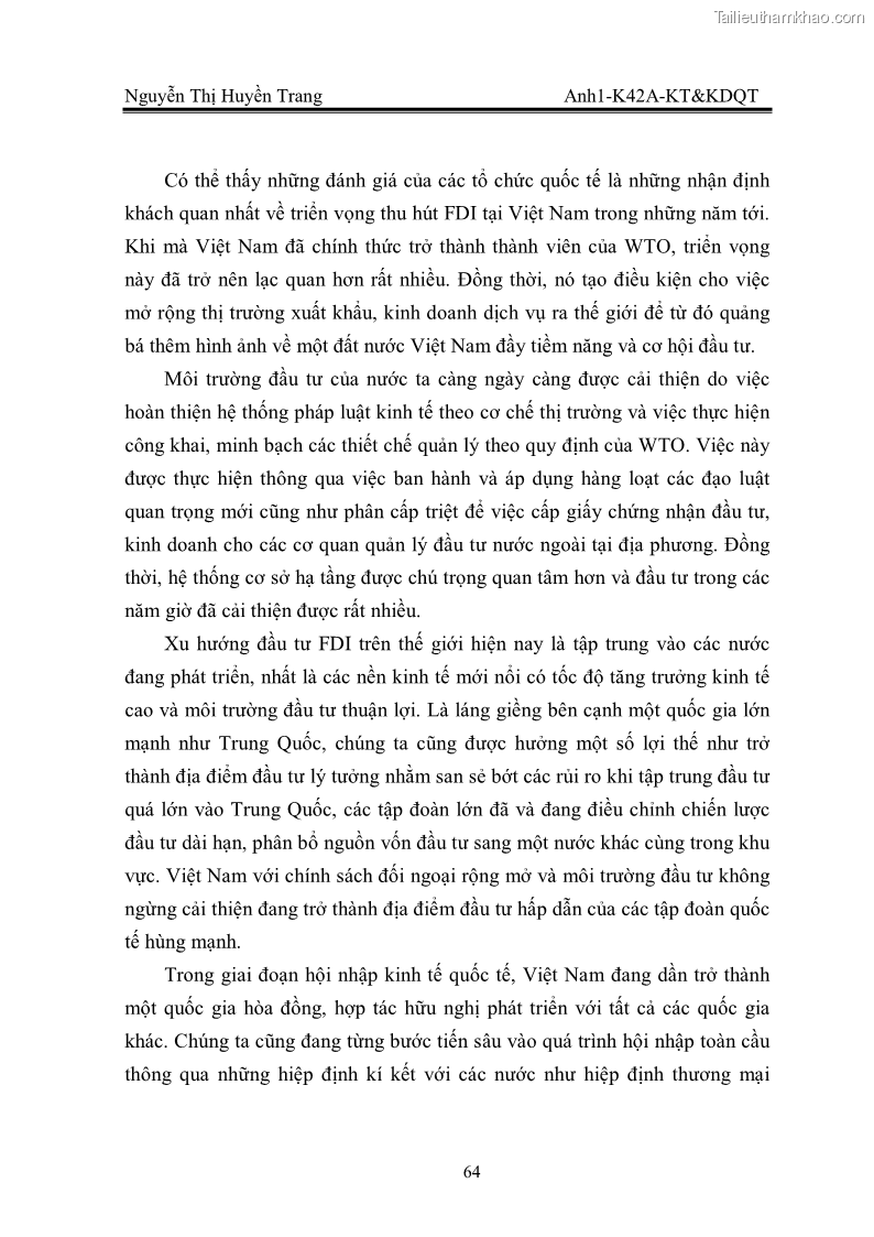 Khóa luận tốt nghiệp Thu hút FDI vào lĩnh vực bất động sản của Việt Nam. Thực trạng và triển vọng trong giai đoạn hội nhập kinh tế quốc tế - 9 Trang 65