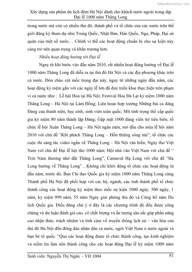 Khóa luận tốt nghiệp Văn hóa du lịch Xây dựng sản phẩm du lịch đêm Hà Nội dành cho khách nước ngoài trong dịp Đại lễ 1000 năm Thăng Long - 11 Trang 81
