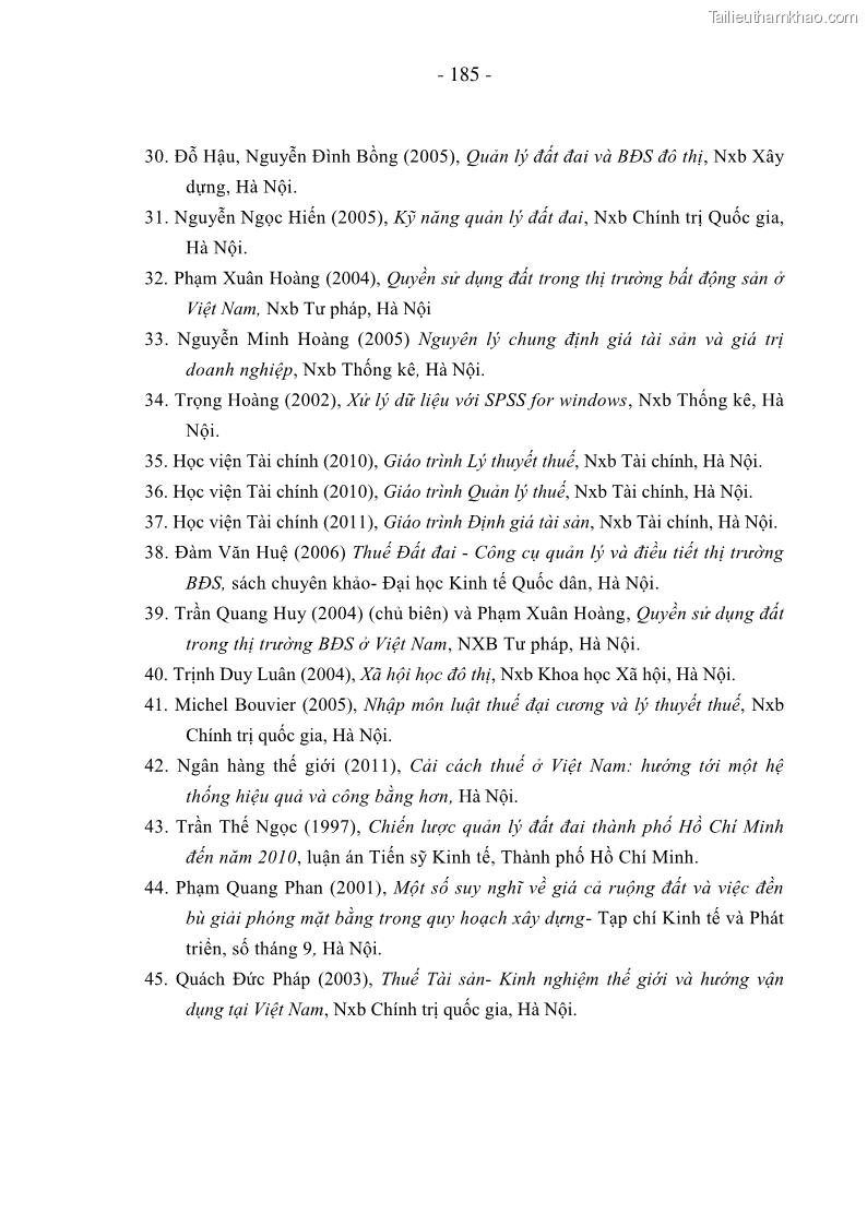 Luận án Tiến sĩ Kinh doanh và quản lý Chính sách thuế nhà ở, đất ở tại Việt Nam - 24 Trang 185