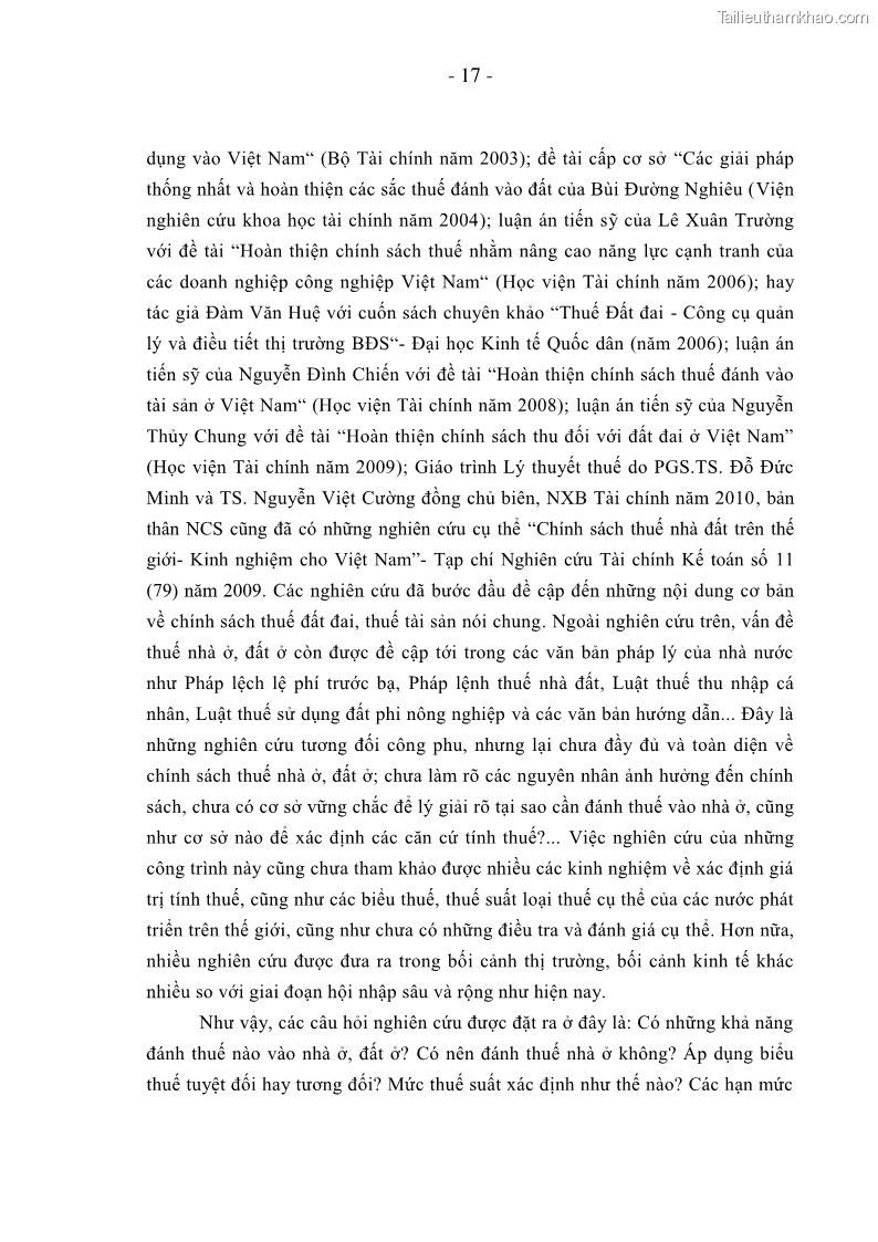Luận án Tiến sĩ Kinh doanh và quản lý Chính sách thuế nhà ở, đất ở tại Việt Nam - 3 Trang 17
