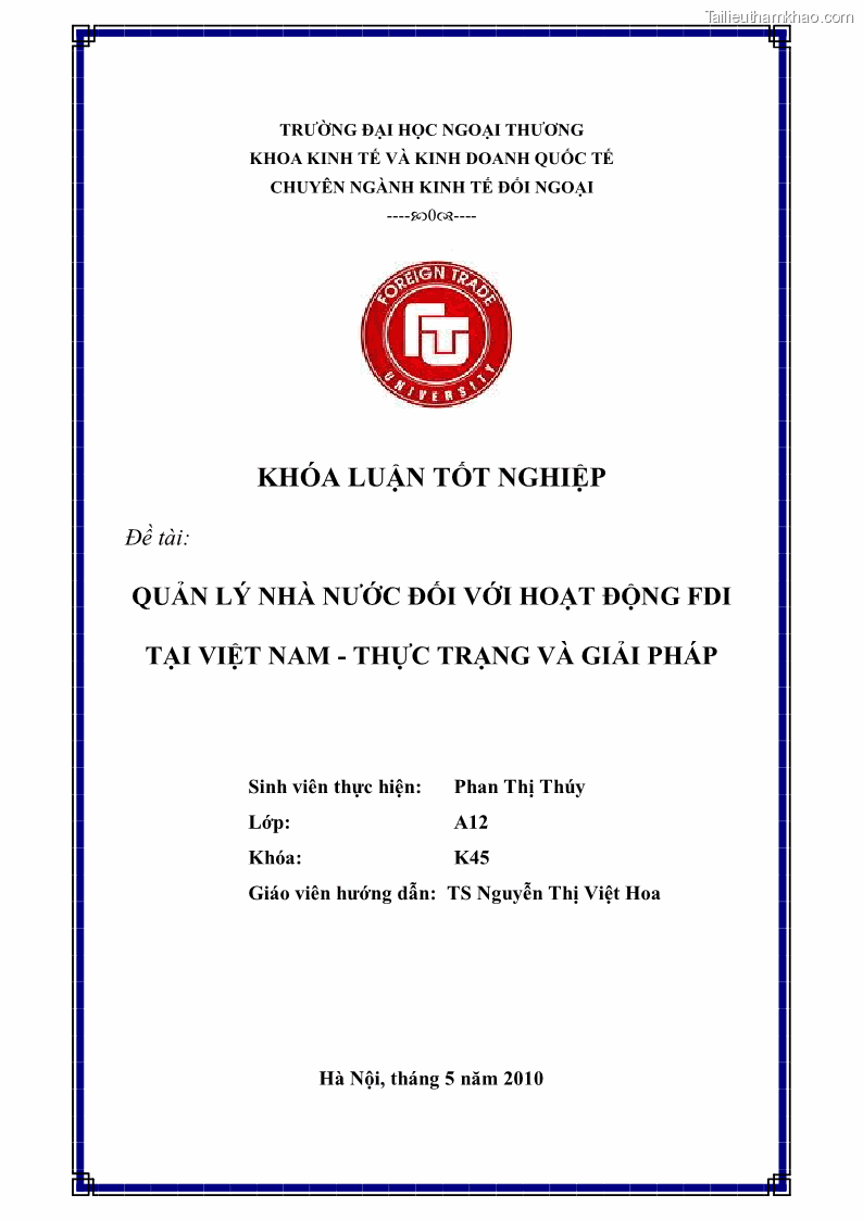 Khóa luận tốt nghiệp Quản lý nhà nước đối với hoạt động FDI tại Việt Nam- Thực trạng và giải pháp - 1 Trang 1