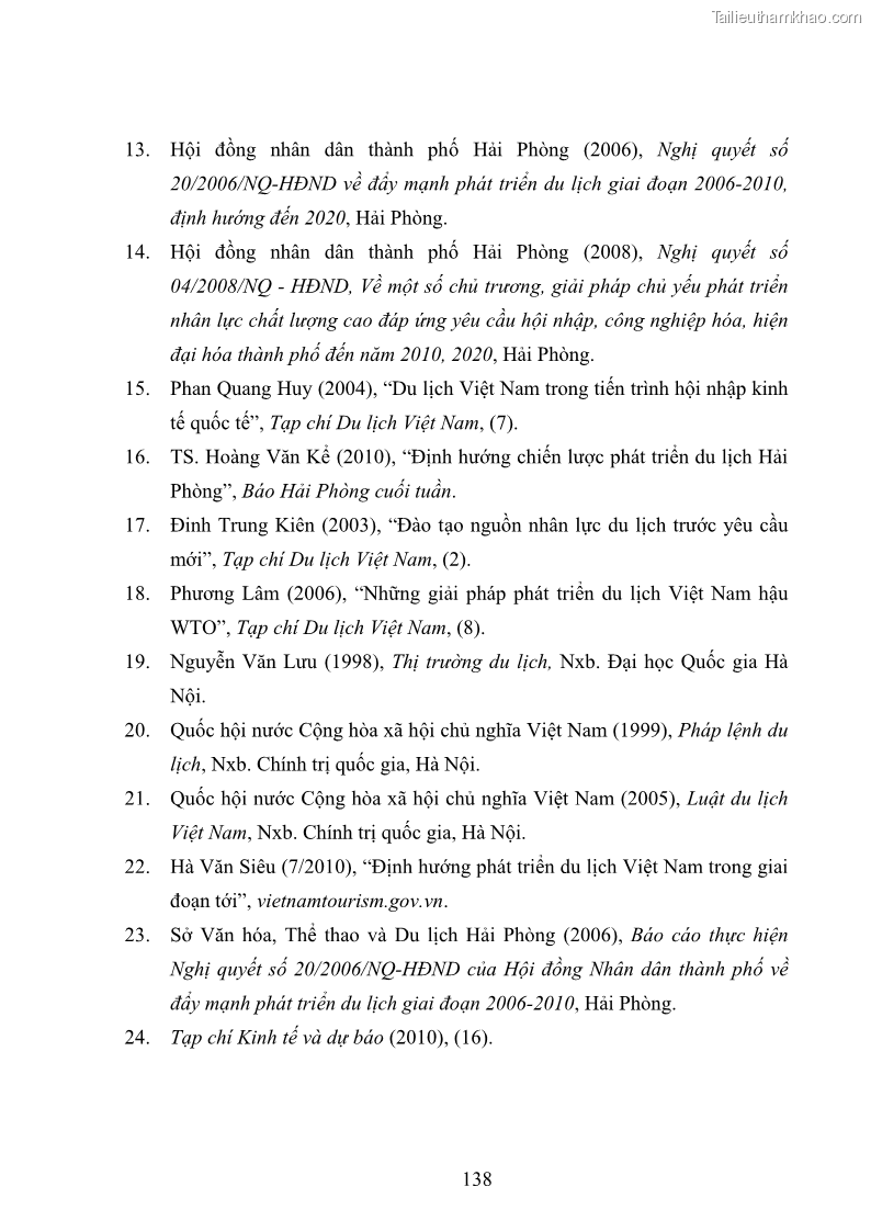 Luận văn Thạc sĩ Kinh tế chính trị Phát triển du lịch ở Hải Phòng trong bối cảnh hội nhập quốc tế - 19 Trang 145
