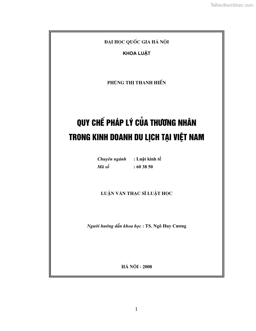 Luận văn Thạc sĩ Luật học Quy chế pháp lý của thương nhân trong kinh doanh du lịch tại Việt Nam - 1 Trang 1