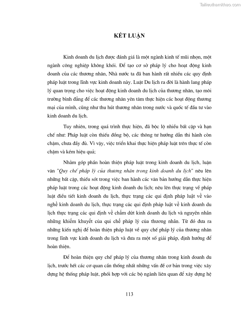 Luận văn Thạc sĩ Luật học Quy chế pháp lý của thương nhân trong kinh doanh du lịch tại Việt Nam - 15 Trang 113