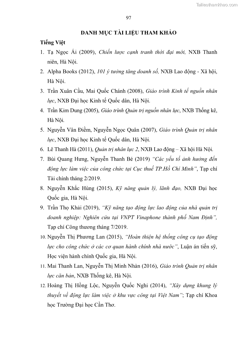 Luận văn Thạc sĩ Quản trị nhân lực Tạo động lực lao động tại Tổng công ty Du lịch Hà Nội - 14 Trang 105