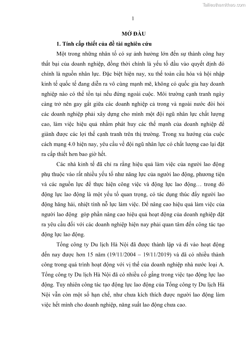 Luận văn Thạc sĩ Quản trị nhân lực Tạo động lực lao động tại Tổng công ty Du lịch Hà Nội - 2 Trang 9