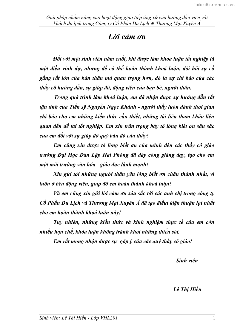 Khóa luận tốt nghiệp Văn hóa du lịch Giải pháp nhằm nâng cao hoạt động giao tiếp ứng xử của hướng dẫn viên với khách du lịch trong Công ty Cổ Phần Du Lịch & Thương Mại Xuyên Á - 1 Trang 1