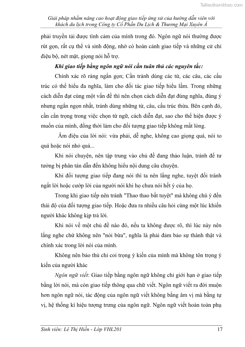 Khóa luận tốt nghiệp Văn hóa du lịch Giải pháp nhằm nâng cao hoạt động giao tiếp ứng xử của hướng dẫn viên với khách du lịch trong Công ty Cổ Phần Du Lịch & Thương Mại Xuyên Á - 3 Trang 17